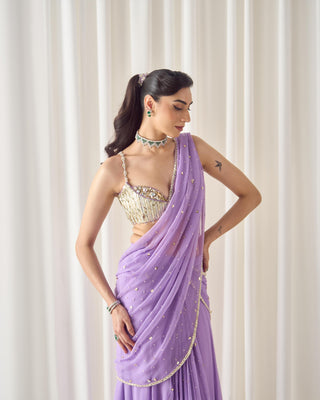 Saree Set Ready-to-Wear - Purple Pre-Stitched Saree by Sanya Gulati
