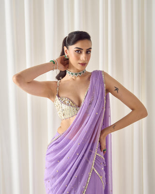 Saree Set Ready-to-Wear - Purple Pre-Stitched Saree by Sanya Gulati