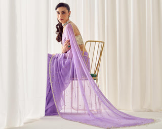 Saree Set Ready-to-Wear - Purple Pre-Stitched Saree by Sanya Gulati