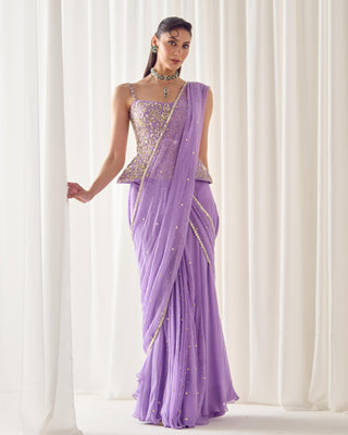 Corset Set Avant-Garde Wear - Purple Saree Corset by Sanya Gulati