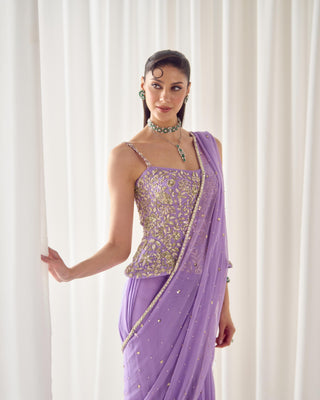 Corset Set Avant-Garde Wear - Purple Saree Corset by Sanya Gulati