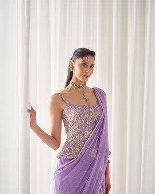Corset Set Avant-Garde Wear - Purple Saree Corset by Sanya Gulati