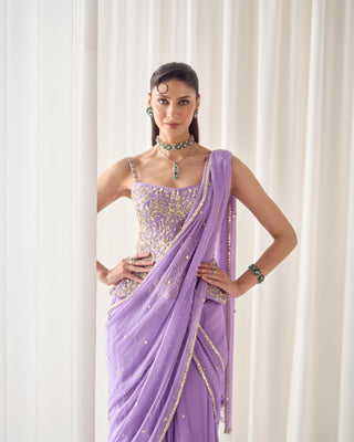 Corset Set Avant-Garde Wear - Purple Saree Corset by Sanya Gulati