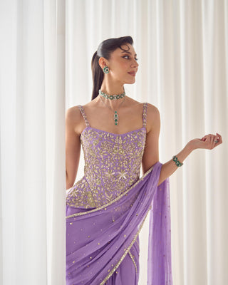 Corset Set Avant-Garde Wear - Purple Saree Corset by Sanya Gulati