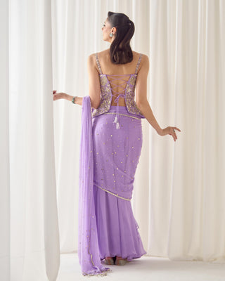 Corset Set Avant-Garde Wear - Purple Saree Corset by Sanya Gulati