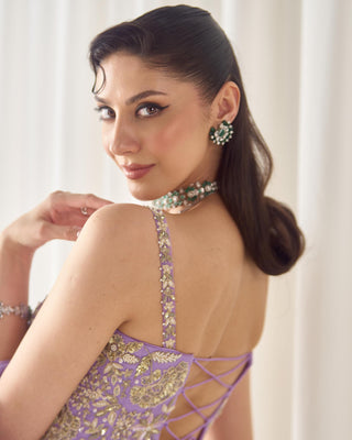 Corset Set Avant-Garde Wear - Purple Saree Corset by Sanya Gulati