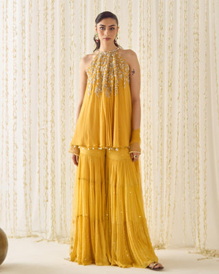 Sharara Set Tiered Wear - Yellow Sharara by Sanya Gulati