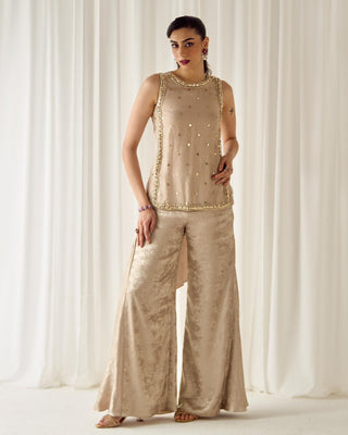 Co-ord Set Fusion Wear - Beige Mukaish Set by Sanya Gulati