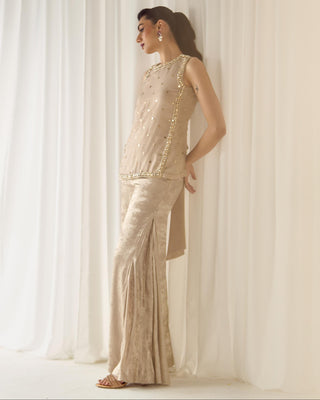 Co-ord Set Fusion Wear - Beige Mukaish Set by Sanya Gulati