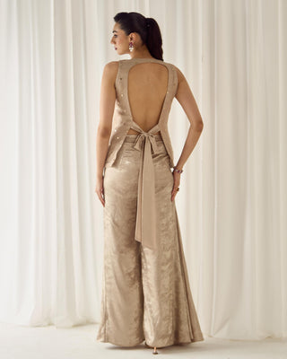 Co-ord Set Fusion Wear - Beige Mukaish Set by Sanya Gulati