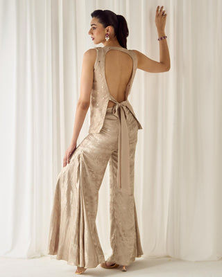 Co-ord Set Fusion Wear - Beige Mukaish Set by Sanya Gulati