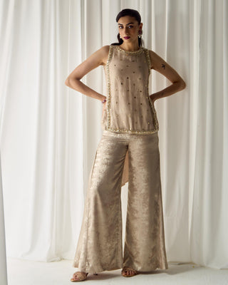 Co-ord Set Fusion Wear - Beige Mukaish Set by Sanya Gulati