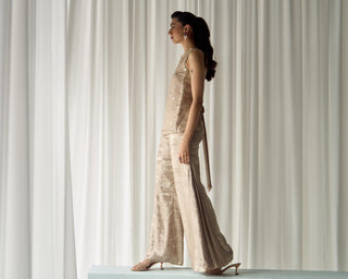 Co-ord Set Fusion Wear - Beige Mukaish Set by Sanya Gulati