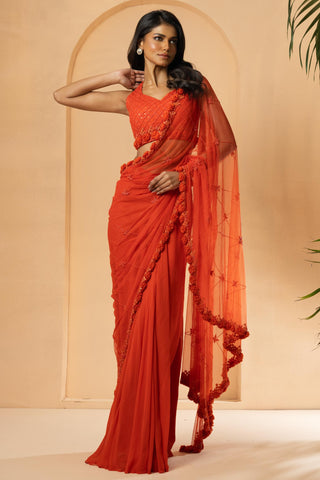 Drape Saree for Indian Weddings – Orange Embroidered by Quench a Thirst