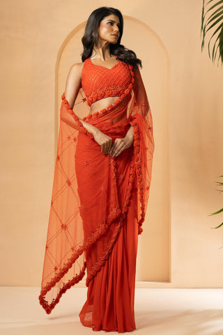 Drape Saree for Indian Weddings – Orange Embroidered by Quench a Thirst