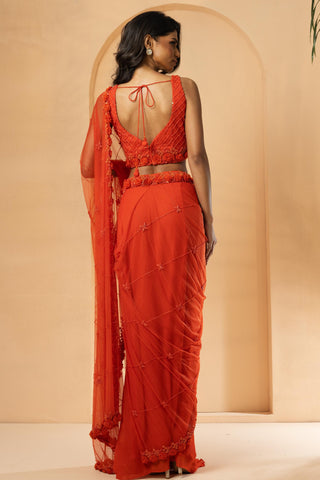 Drape Saree for Indian Weddings – Orange Embroidered by Quench a Thirst