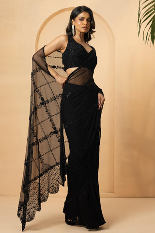 Drape Saree for Indian Weddings – Black Embroidered by Quench a Thirst