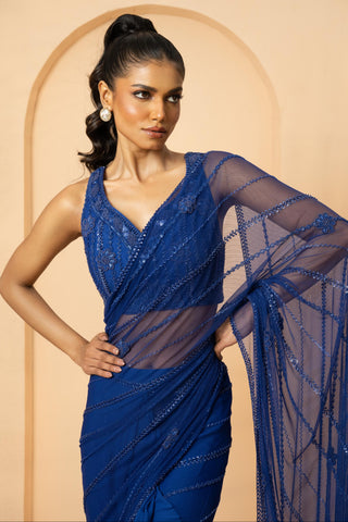 Drape Saree for Indian Weddings – Blue Embroidered by Quench a Thirst