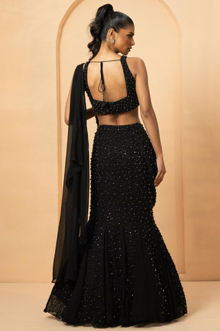 Black Fishtail Lehenga with Draped Dupatta by Quench a Thirst
