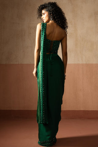 Saree with corset blouse for Indian Wedding – Emerald Satin by Quench A Thirst