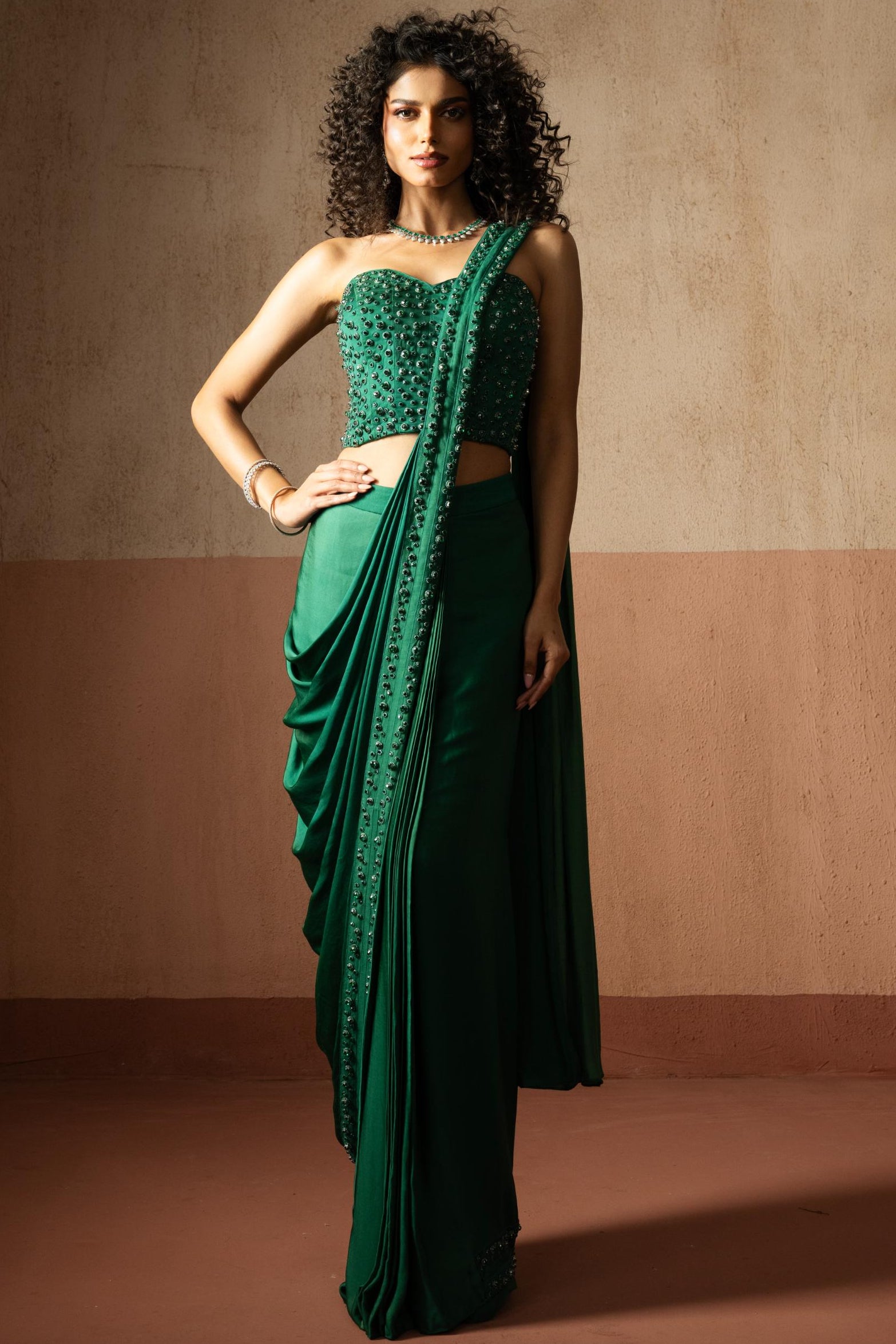 Saree With Corset Blouse – Emerald Satin – Quench A Thirst