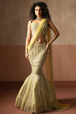 Fishtail drape saree for Indian Wedding – Sage & Yellow Heer by Quench A Thirst