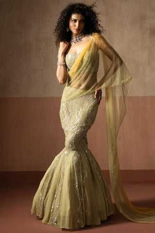 Fishtail drape saree for Indian Wedding – Sage & Yellow Heer by Quench A Thirst