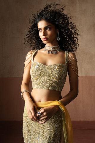 Fishtail drape saree for Indian Wedding – Sage & Yellow Heer by Quench A Thirst