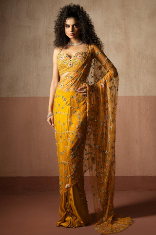 Drape saree for Indian Wedding – Mustard Heer by Quench A Thirst