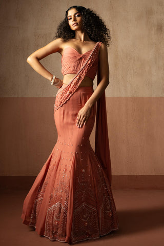 Fishtail drape saree for Contemporary Wear – Peach Heer by Quench A Thirst