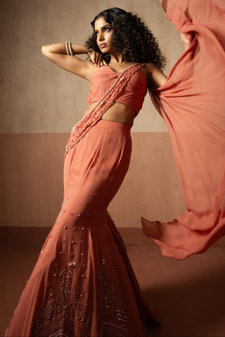 Fishtail drape saree for Contemporary Wear – Peach Heer by Quench A Thirst