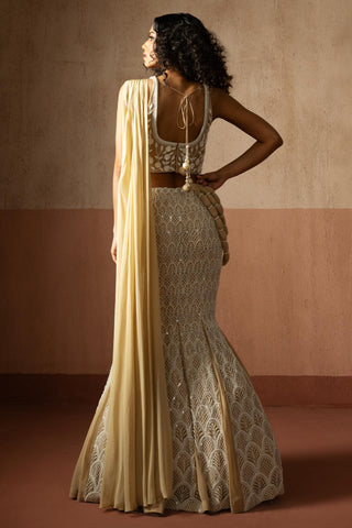 Fishtail drape saree for Contemporary Wear – Beige Ivory Concept by Quench A Thirst