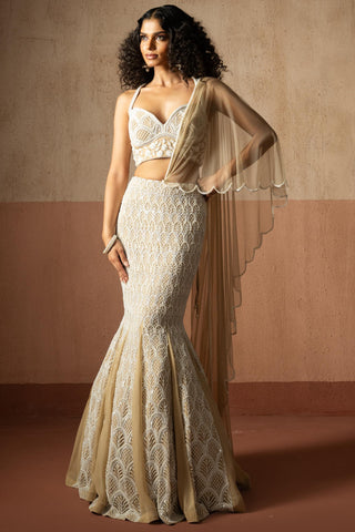Fishtail drape saree for Contemporary Wear – Beige & Ivory Heer by Quench A Thirst