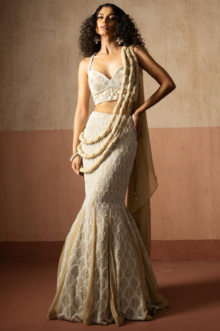 Fishtail drape saree for Contemporary Wear – Beige Ivory Concept by Quench A Thirst