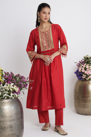 Red lehraata resham kurta set