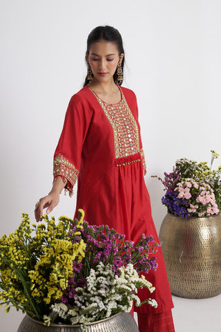 Red lehraata resham kurta set