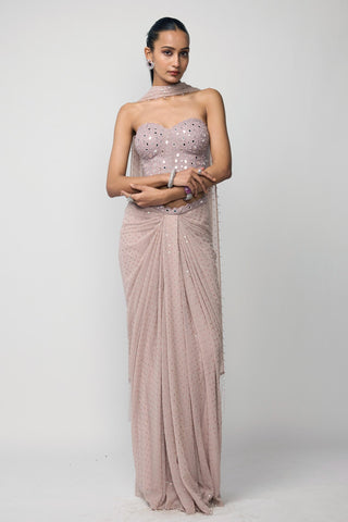 Skirt Set Indian Wedding Wear - Pink sequins embroidered draped by Vvani By Vani Vats