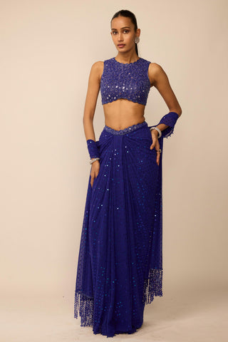 Skirt Set Indian Wedding Wear - Blue sequins embroidered draped by Vvani By Vani Vats