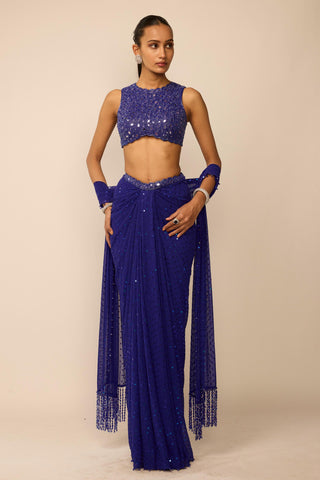 Skirt Set Indian Wedding Wear - Blue sequins embroidered draped by Vvani By Vani Vats