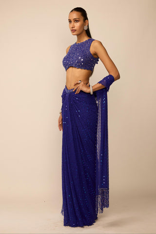 Skirt Set Indian Wedding Wear - Blue sequins embroidered draped by Vvani By Vani Vats
