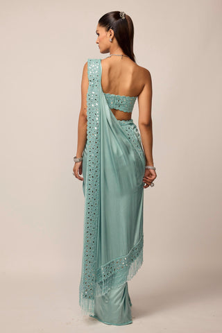 Draped Saree Indian Wedding - Blue satin set by Vvani By Vani Vats