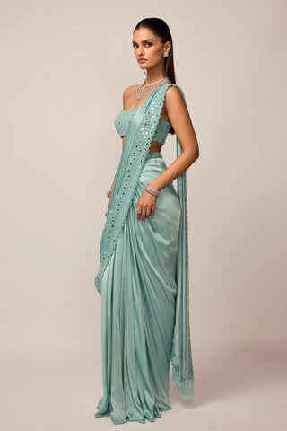 Draped Saree Indian Wedding - Blue satin set by Vvani By Vani Vats