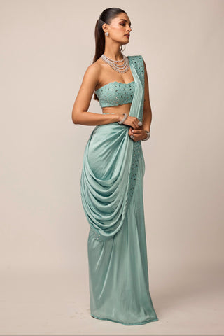 Draped Saree Indian Wedding - Blue satin set by Vvani By Vani Vats