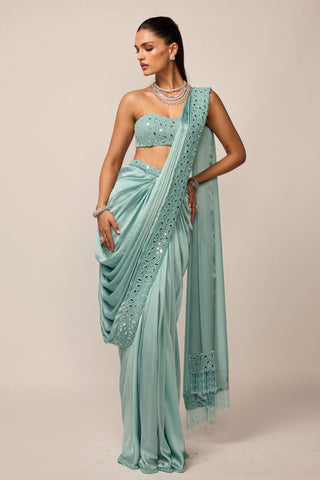 Draped Saree Indian Wedding - Blue satin set by Vvani By Vani Vats