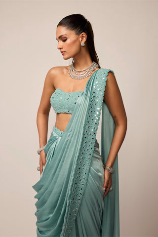 Draped Saree Indian Wedding - Blue satin set by Vvani By Vani Vats