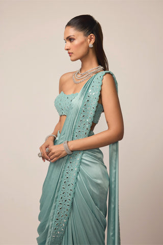 Draped Saree Indian Wedding - Blue satin set by Vvani By Vani Vats