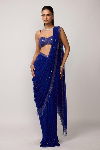 Draped Saree Indian Wedding - Blue sequins embroidered set by Vvani By Vani Vats