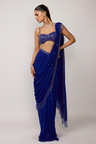 Draped Saree Indian Wedding - Blue sequins embroidered set by Vvani By Vani Vats