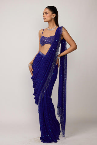 Draped Saree Indian Wedding - Blue sequins embroidered set by Vvani By Vani Vats