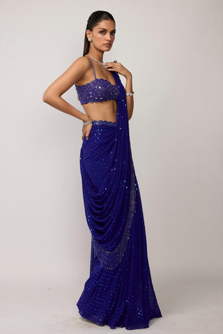 Draped Saree Indian Wedding - Blue sequins embroidered set by Vvani By Vani Vats